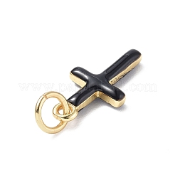 本物の 18k 金メッキ環境に優しいラック メッキ真鍮エナメル ペンダント  長持ちメッキ  丸カン付き  鉛フリー＆カドミウムフリー  クロスチャーム  ブラック  15x8x3mm  穴：3.4mm&nbsp;KK-F845-40G-04