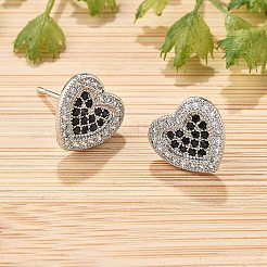 真鍮製 マイクロパヴェ キュービックジルコニア スタッドピアス 女性用  カドミウムフリー＆鉛フリー  長持ちメッキ  ラックめっき  プラチナ  ハート  10x10.5mm&nbsp;EJEW-G428-11P-01