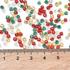 4色のクリスマスガラスラウンドシードビーズ8/0個  ミックスカラー  2.8~3.2mm  穴：1mm  約12500個/袋&nbsp;SEED-X0058-01A