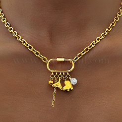 304 Stainless Steel Heart Fishtail & Rond Imitation Pearl Tassel Necklaces with Carabiner Clasps&nbsp;WGC0062-01