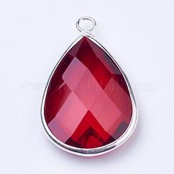 シルバーカラーメッキ真鍮ガラスティアドロップペンダント  多面カット  暗赤色  18x10x5mm  穴：2mm&nbsp;GLAA-M006-A-09S