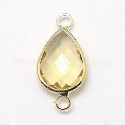 ゴールデントーン真鍮ガラスティアドロップリンクコネクター  シャンパンイエロー  21x11x5mm  穴：2mm&nbsp;GLAA-J010A-HF17-G