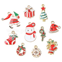 20 個 10 スタイルのクリスマス合金エナメルペンダント  クリスタルラインストーン付き  カドミウムフリー＆鉛フリー  ライトゴールド  混合図形  レッド  15~25.5x12~23.5x2~4mm  穴：1.8mm  2個/スタイル&nbsp;ENAM-CJ0004-49
