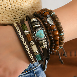 6Pcs 6 Styles Wood & Synthetic Turquoise & Alloy Beaded Stretch Bracelets & Braided Bracelets for Women&nbsp;BJEW-CL0001-60