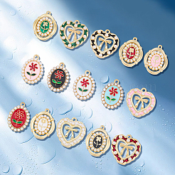 30個15スタイルアロイエナメルペンダント  プラスチックビーズ/ラインストーン付き  ゴールドカラー  混合図形  22~23x16~21mm  2個/スタイル&nbsp;FIND-SC0023-25