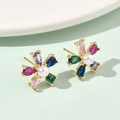 Flower Brass Cubic Zirconia Stud Earrings&nbsp;EJEW-P336-06G-01