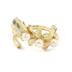 Brass Leaf Open Cuff Ring with Natural Pearl Beaded for Women&nbsp;RJEW-K090-02G