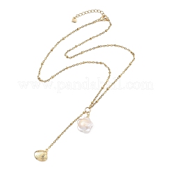 Summer Natural Baroque Keshi Pearl & 304 Stainless Steel Sea Animal Pendant Satellite Chain Y Lariat Necklaces&nbsp;NJEW-JN06049-03