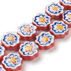 手作りの磁器の花のビーズ  レッド  16~17x16~17x6~6.5mm  穴：2mm  約20個/連  12.99インチ（33cm）&nbsp;PORC-J008-04D