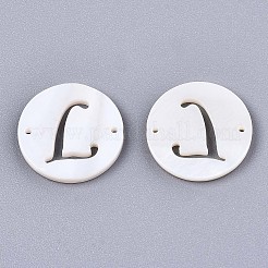 天然淡水シェルリンクコネクター  アルファベット付きフラットラウンド  文字L  14.5x1.5mm  穴：0.9mm&nbsp;SHEL-S276-120L