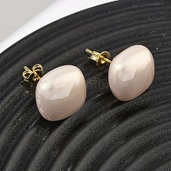 真鍮とABS樹脂製のイミテーションパールスタッドピアス（女性用）  正方形  長持ちメッキ  ラックめっき  鉛フリー＆カドミウムフリー  ゴールドカラー  桃パフ  14x14mm&nbsp;PL-CBA760A-03B-G01