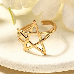 女性用304ステンレススチールオープンカフリング  中空スター  18KGP本金メッキ  18.5mm  調整可能&nbsp;RJEW-R010-05G