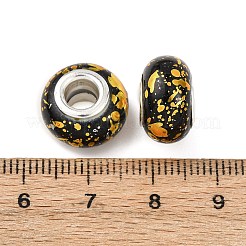 不透明樹脂ロンデルヨーロピアンビーズ  金箔とシルバートーンの真鍮ダブルコア付き  大穴ビーズ  ブラック  13.8x8.5mm  穴：4.5~5mm&nbsp;RESI-Z046-01C