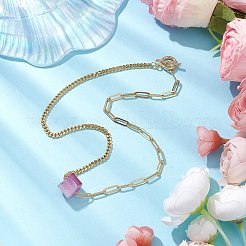 電気メッキ天然石英六角柱ペンダントネックレス  真鍮のペーパークリップチェーンとキューバンリンクチェーンのネックレス  ゴールドカラー  ミックスカラー  17.72インチ（45cm）&nbsp;NJEW-JN04996