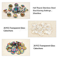 半円スタッドピアスのDIYキット  PVD真空メッキ304ステンレススチールスタッドピアスセッティングと透明ガラスカボションを含む  虹色  セッティング：14.5ミリ  ピン：0.8mm  トレイ：12mm  20個/箱&nbsp;DIY-UN0002-38MC