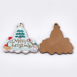 プリントバスウッドビッグペンダント  バックランダムカラー  クリスマスツリー  淡いターコイズ  51x50.5x3mm  穴：2mm&nbsp;X-WOOD-S045-045