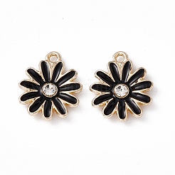 合金ラインストーンペンダント  エナメルスタイル  ライトゴールド  菊のチャーム  ブラック  17x14x2.5mm  穴：1.5mm&nbsp;PALLOY-P287-01LG-02