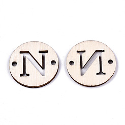 未完成の天然ポプラ材リンクコネクター  レーザー切断  単語とフラットラウンド  文字.n  29.5x2.5mm  穴：2.5mm&nbsp;WOOD-S045-140B-01N