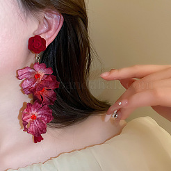 Flower Alloy Cloth Dangle Stud Earrings&nbsp;FS-WG9CF75-01