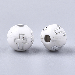メッキアクリルビーズ  シルバーライン入り  クロスの丸  ホワイト  8mm  穴：2mm&nbsp;X-PACR-Q113-10N