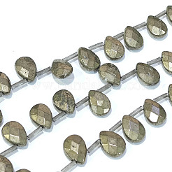 ティアドロップ天然黄鉄鉱ビーズ連売り  トップドリルビーズ  多面カット  14x10x6mm  穴：1mm  約26個/連  15.7インチ&nbsp;G-I125-67A