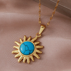 Vintage 304 Stainless Steel Sun Pendant Necklace with Dyed Synthetic Turquoise Stone for Women&nbsp;LS-TN1181