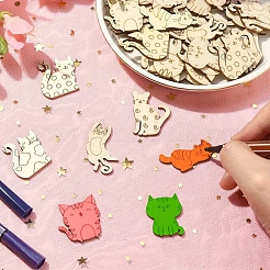 猫の未完成の木の切り抜き  DIY クラフト ホーム デコレーション用品用の木製スライス ピース オーナメント  バリーウッド  23~40.6x17~34.5x2 M  50個/セット&nbsp;PW-WG1BA1D-01