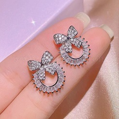 蝶結びとリング合金クリアキュービックジルコニアペンダントネックレス＆スタッドピアス＆カフリングセット  プラチナ  400mm＆20x18mm＆18mm&nbsp;FS-WG09EB0-01