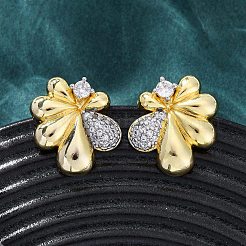 Flower Brass Micro Pave Clear Cubic Zirconia Stud Earrings&nbsp;EJEW-H158-12GP