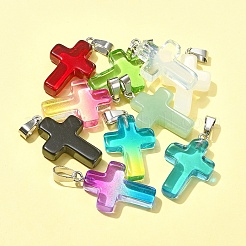10 個 10 色のガラスペンダント  白金鉄パーツ  クロスチャーム  プラチナ  ミックスカラー  29x18x5.5mm  穴：7x3.5mm  1個/カラー&nbsp;GLAA-FS0001-83