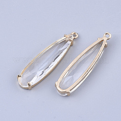 クリアガラスペンダント  真鍮パーツ  多面カット  ティアドロップ  ライトゴールド  透明  32x8x4mm  穴：1.2mm&nbsp;X-GLAA-T007-15F