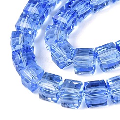 透明ガラスビーズ連売り  キューブ  多面カット  藤紫色  7x7x6.5~7mm  穴：1.2~1.6mm  約96~101個/連  25.39~28.54インチ（64.5~72.5cm）&nbsp;GLAA-R041-8x8mm-A12