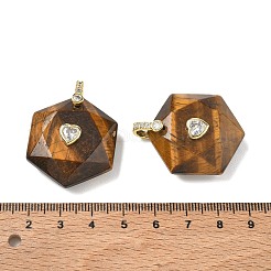 天然タイガーアイファセットペンダント  真鍮製のパヴェハート型クリアキュービックジルコニア金具付き六角形チャーム  ゴールドカラー  38x28.5x13mm  穴：5.5x4.5mm&nbsp;GG-CBA67BD-01G-L