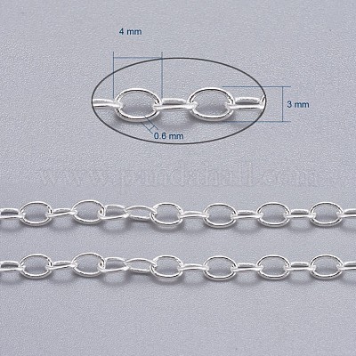 真鍮製アズキチェーン  溶接されていない  スプールで  オーバル  カドミウムフリー＆鉛フリー  銀  4x3x0.6mm  約301.83フィート（92m）/ロール&nbsp;CHC024Y-S-1