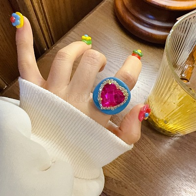 ハート樹脂＆クリスタルラインストーン＆ガラスの指輪 濃いピンク 内径