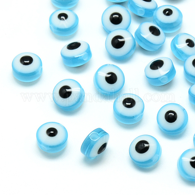 樹脂ビーズ  フラットラウンド  ナザールボンジュウ  ライトスカイブルー  7.5~8x5~6mm  穴：1.8~2mm&nbsp;RESI-S339-6x8-10-1