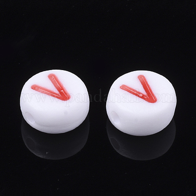 初期のアクリルビーズ  水平穴  フラットラウンド  ミックスカラー  文字.v  7x3.5~4mm  穴：1.2mm  約370個/50g&nbsp;X-OACR-E001-20V-1