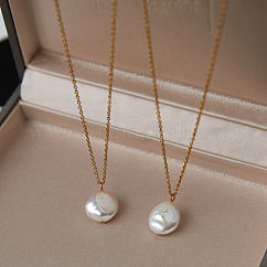 Summer Natural Freshwater Pearl Oval Safety Button Pendant Necklaces, Stainless Steel Cable Chain Necklaces, Real 18K Gold Plated, White, 15.75 inch(40cm)