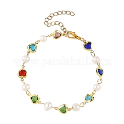 Natural Cultured Freshwater Pearl & Brass Glass Link Chains Bracelets for Women&nbsp;BJEW-JB14219