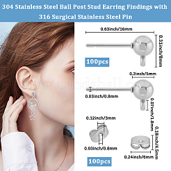 100Pcs 304 Stainless Steel Ball Post Stud Earring Findings&nbsp;STAS-BBC0008-45