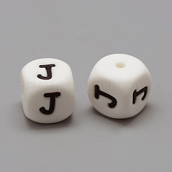 食品グレードの環境に優しいシリコーンビーズ  水平穴  文字スタイル  キューブ  文字.j  12x12x12mm  穴：2mm&nbsp;X-SIL-R001-J