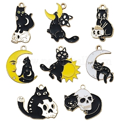 合金エナメルチャーム  頭蓋骨と月のチャームが付いた猫  ミックスカラー  10~30mm  8個/セット&nbsp;PW-WGB8D3D-01