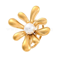 304ステンレススチール指輪  プラスチック模造真珠付き  18KGP本金メッキ  花  花：31.5x12mm  内径：18mm&nbsp;RJEW-Q005-02B-G