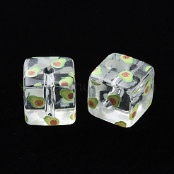 透明印刷アクリルビーズ  フルーツ模様の四角  アボカド模様  16x16x16mm  穴：3mm&nbsp;MACR-S374-08A-05