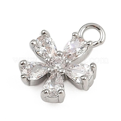真鍮製マイクロパヴェキュービックジルコニアペンダント  花のチャーム  プラチナ  9x7.5x2.5mm  穴：1mm&nbsp;KK-S339-06P