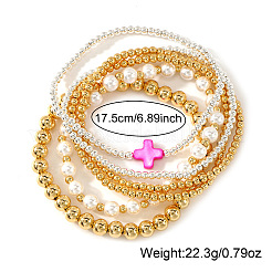 6Pcs 6 Styles Brass & Imitation Pearl Round Beads Stretch Bracelets Set&nbsp;WS3867-3