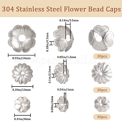 90個 3スタイル 304ステンレススチールビーズキャップ  マルチ花弁  ステンレス鋼色  8~14x8~14x2~4.5mm  穴：1~3.5mm  30個/スタイル&nbsp;STAS-BBC0002-82