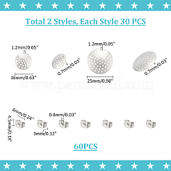 60個 2サイズ 304ステンレススチールスタッドピアス金具  フィリグリーイヤリングのセッティング  フラットラウンド  60個のイヤーナット付き  ステンレス鋼色  16~25mm  穴：1.2mm  ピン：0.7mm  30pcs /サイズ&nbsp;STAS-UN0052-43