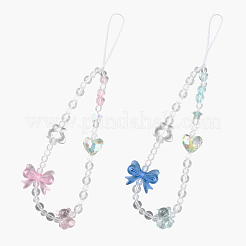 透明アクリル＆プラスチックビーズ携帯ストラップ  ナイロン糸で  クマと蝶結びと花とハート  ピンク  215mm&nbsp;HJEW-YW00380-01