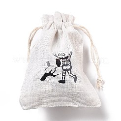 ハロウィンコットンクロス収納ポーチ  長方形巾着袋  キャンディーギフトバッグ用  スカル模様  13.8x10x0.1cm&nbsp;ABAG-M004-01O